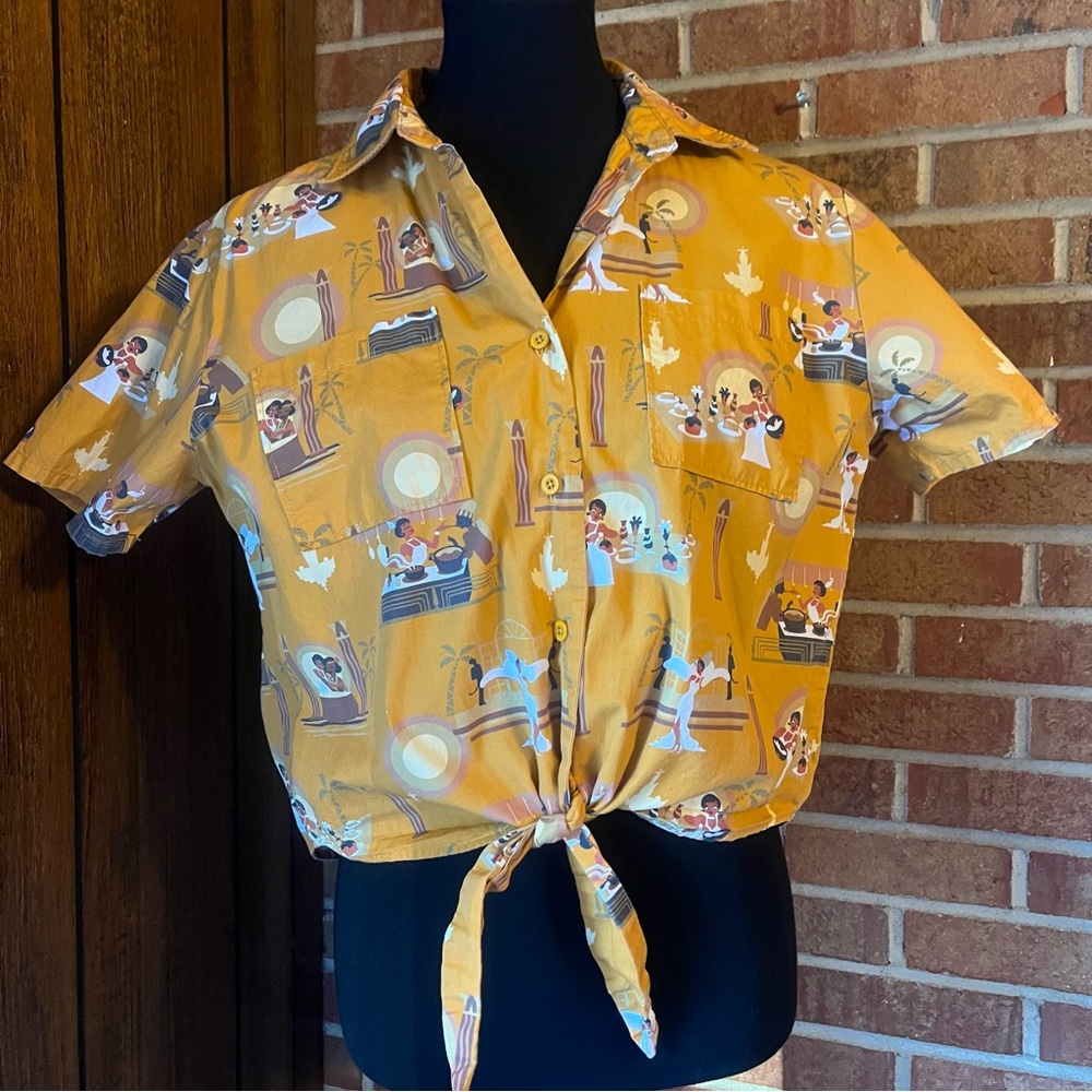 Disney Princess Tiana Women S Casual Button Down Crop Tie Short Sleeve Shirt